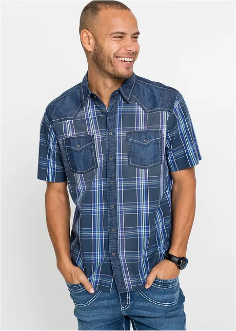 Overhemd met denim details en korte mouwen, bonprix