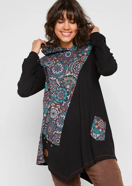 Puntig toelopend shirt in patchworklook met capuchon, lange mouw, bonprix