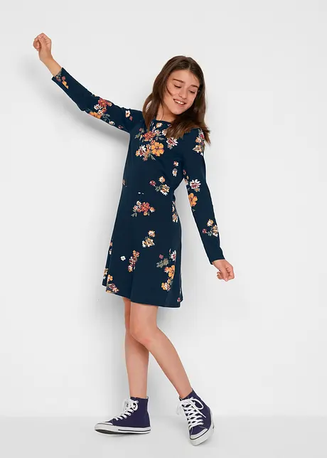 Meisjes jersey jurk met bloemenprint en lange mouwen, bonprix