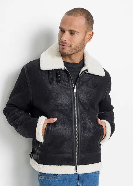 Korte imitatieleren jas met teddy voering, bonprix