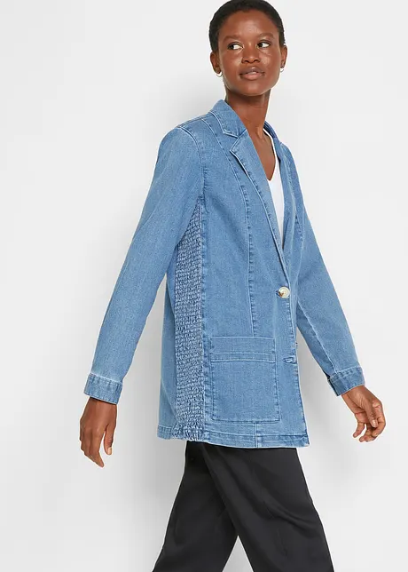 Lange oversized jeansblazer met smokwerk opzij, bpc bonprix collection