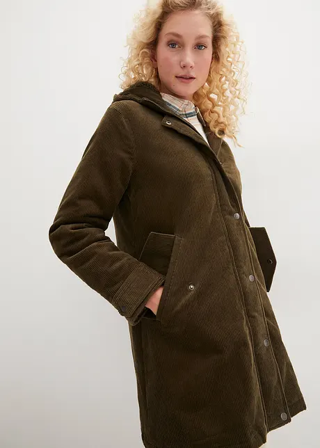 Warme corduroy parka met teddy voering in capuchon, A-lijn, bonprix