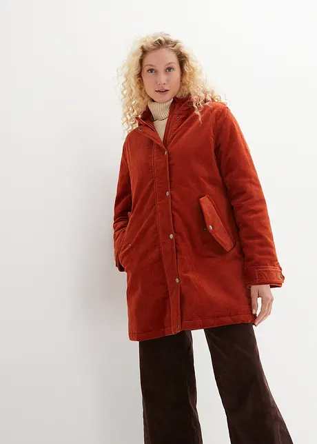 Warme corduroy parka met teddy voering in capuchon, A-lijn, bonprix