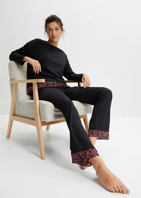 Pyjama met viscose en tweekleurige kant (2-dlg.), bpc bonprix collection