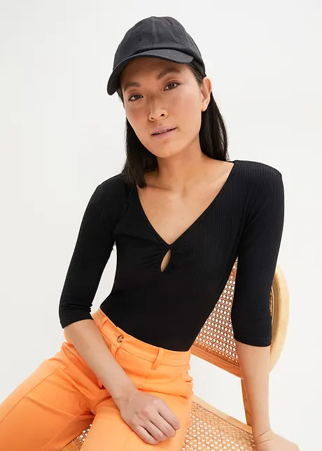 Geribd shirt met V-hals, halflange mouw, bonprix