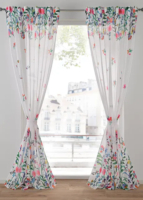 Transparant gordijn met bloemenprint en embrasse (set van 2), bonprix