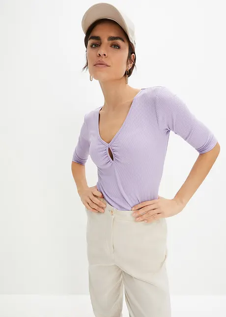 Geribd shirt met V-hals, halflange mouw, bonprix