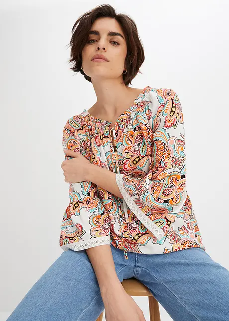 Gedessineerde blouse met kant, bonprix