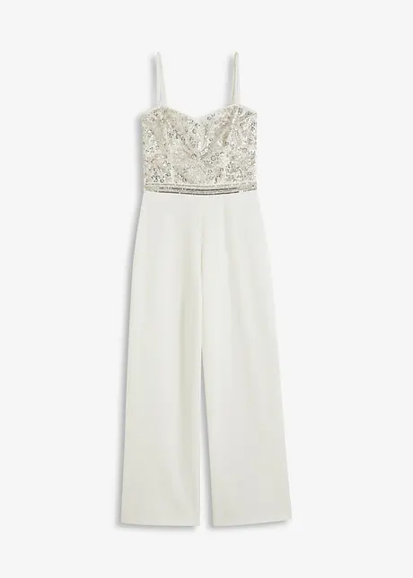 Bruidsjumpsuit van crêpe met structuur en parelborduursel, bonprix