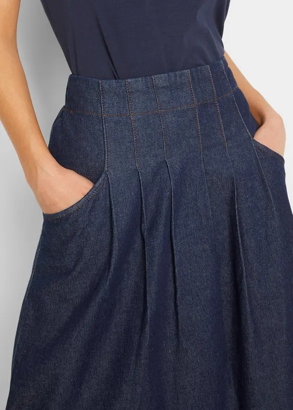 Stretch spijkerrok met biezen, striklintjes en comfortband, bonprix
