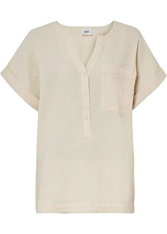 Mousseline blouse met knoopsluiting en zak, bonprix