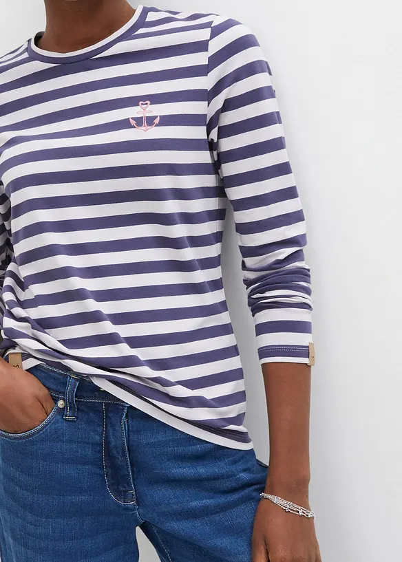 Gestreepte longsleeve met borduursel, bonprix