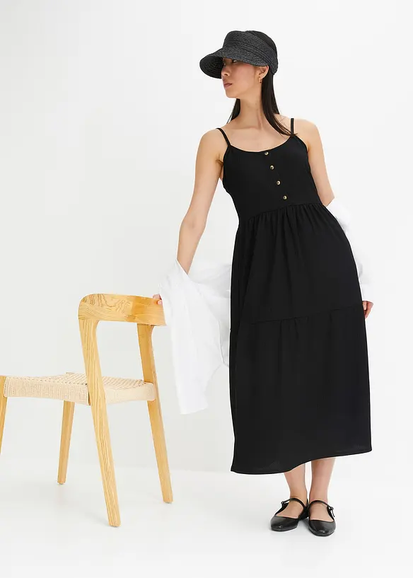 Jersey jurk in midilengte met volants en een decoratieve knoopsluiting, bonprix