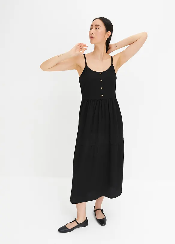 Jersey jurk in midilengte met volants en een decoratieve knoopsluiting, bonprix