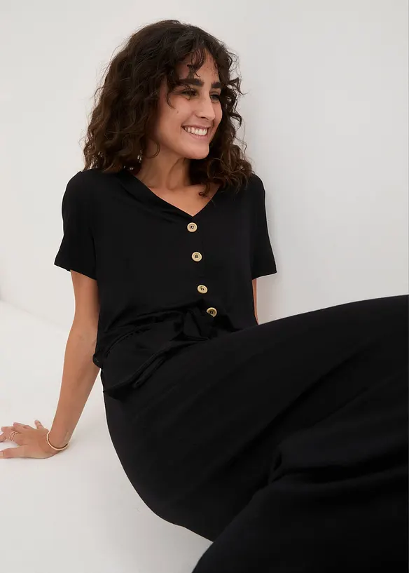 Jersey jumpsuit met V-hals, korte mouw, bonprix