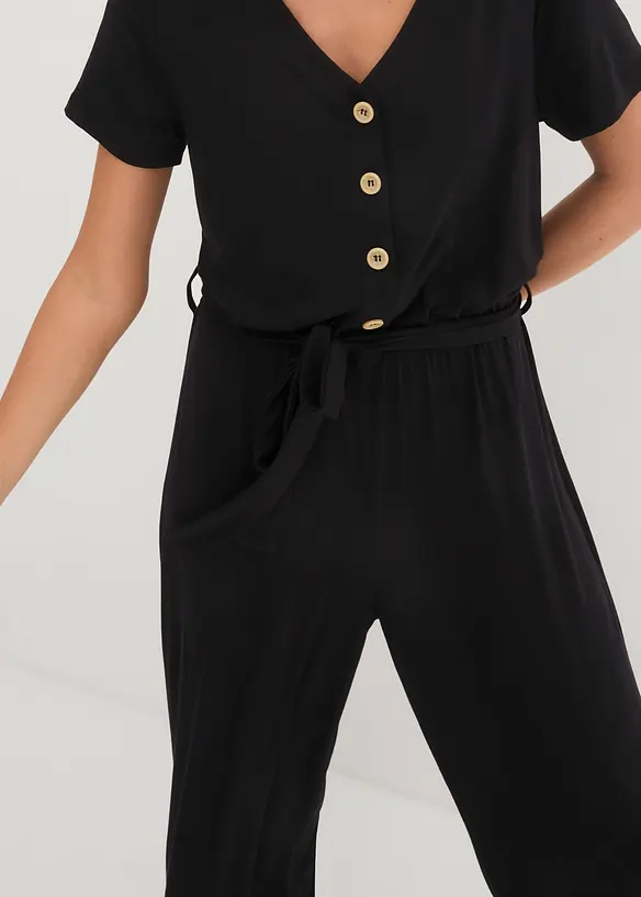 Jersey jumpsuit met V-hals, korte mouw, bonprix