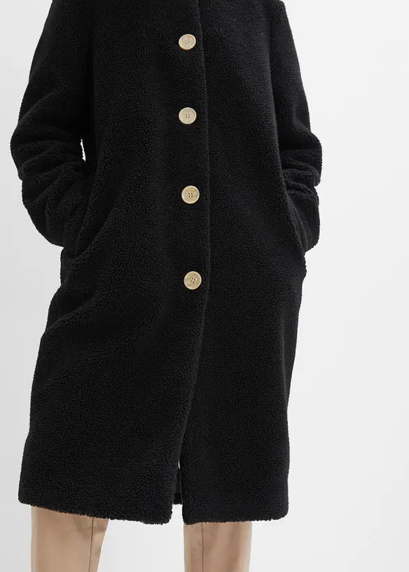 Lange teddy jas met capuchon en zakken, bonprix