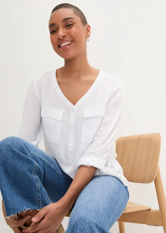Blouse met lange mouwen en V-hals van vloeiende viscose, bonprix