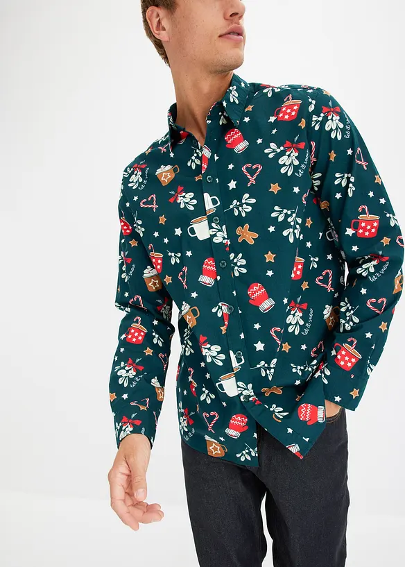 Overhemd van katoen met lange mouwen en een kerstdessin, bonprix