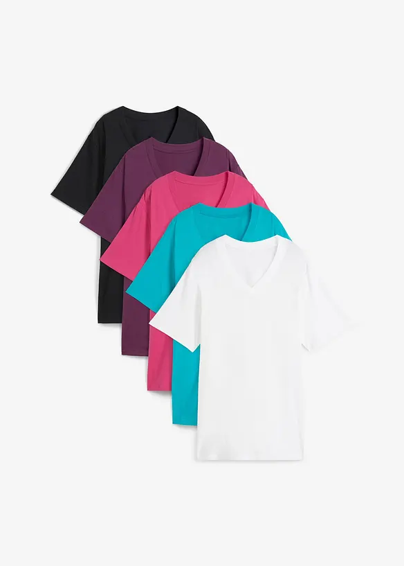 Wijd longshirt met V-hals, korte mouw  (set van 5), bonprix