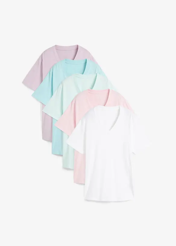 Wijd longshirt met V-hals, korte mouw  (set van 5), bonprix