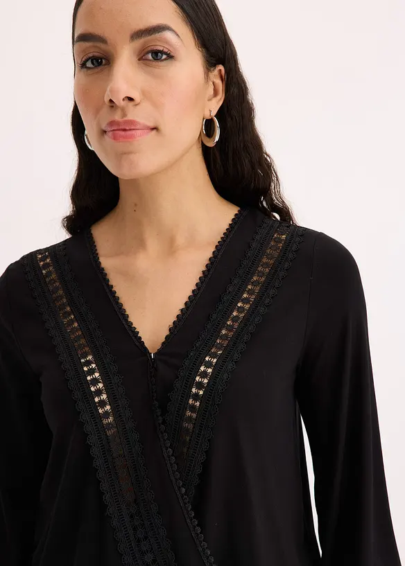 Shirt met 3/4 mouwen en kant in een wikkelllook, bonprix