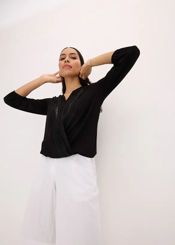 Shirt met 3/4 mouwen en kant in een wikkelllook, bonprix