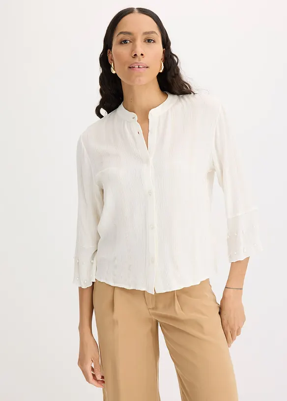Blouse met volant en parels, bonprix