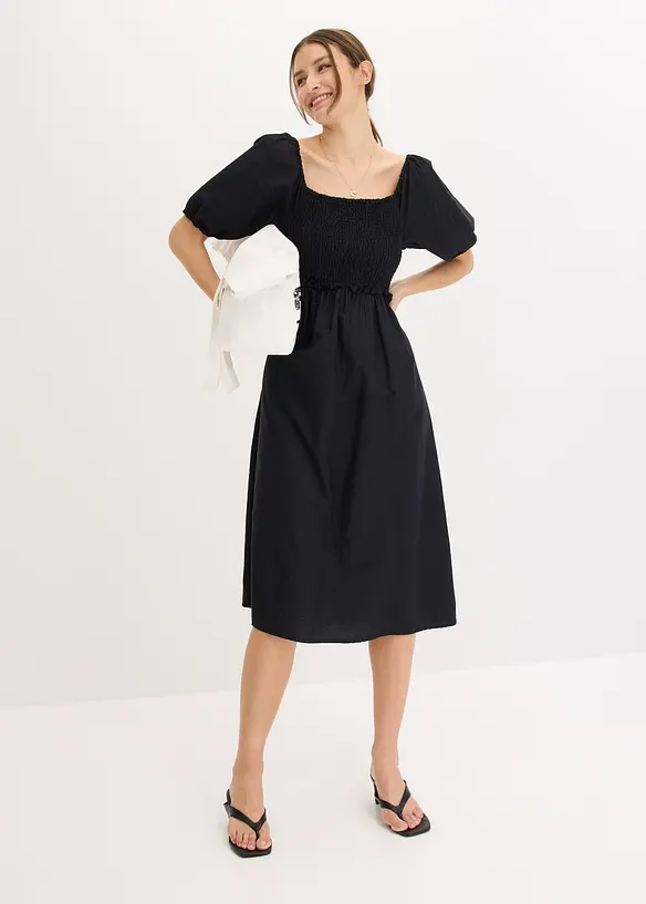 Midi jurk met pofmouwen en gesmokt detail, bonprix