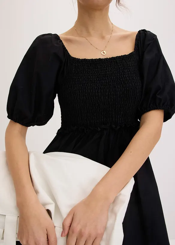 Midi jurk met pofmouwen en gesmokt detail, bonprix