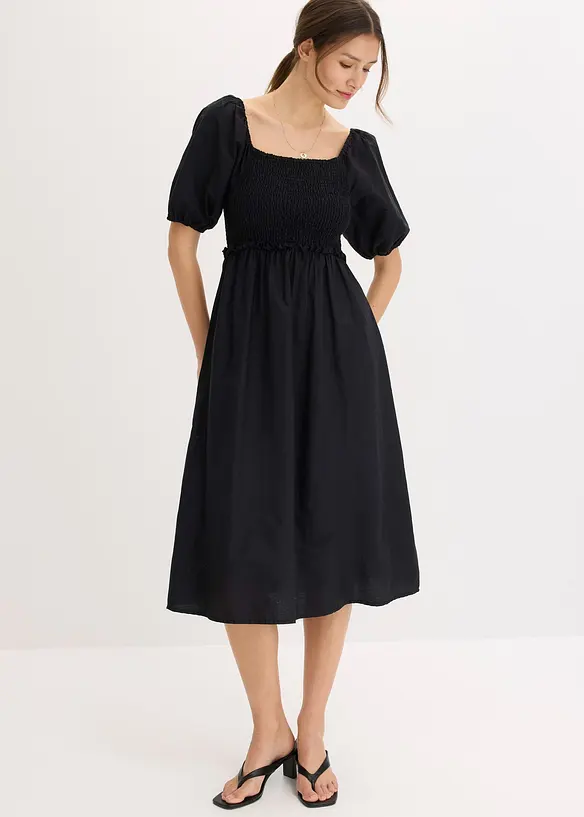 Midi jurk met pofmouwen en gesmokt detail, bonprix