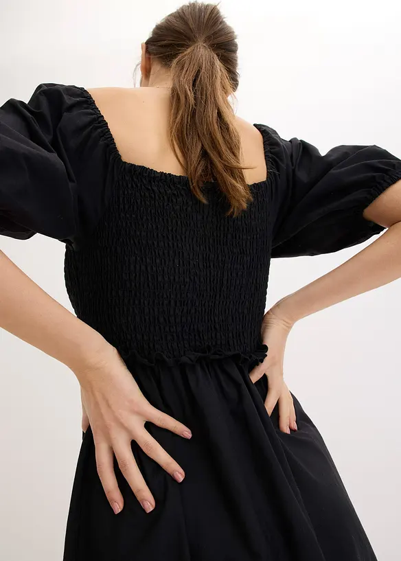Midi jurk met pofmouwen en gesmokt detail, bonprix