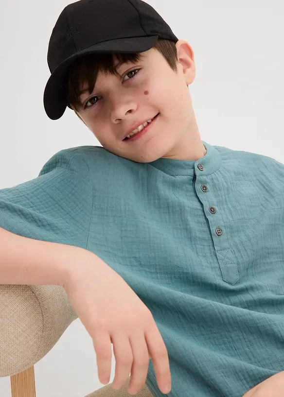 Shirt met korte mouwen en opstaande kraag van zachte mousseline, bonprix