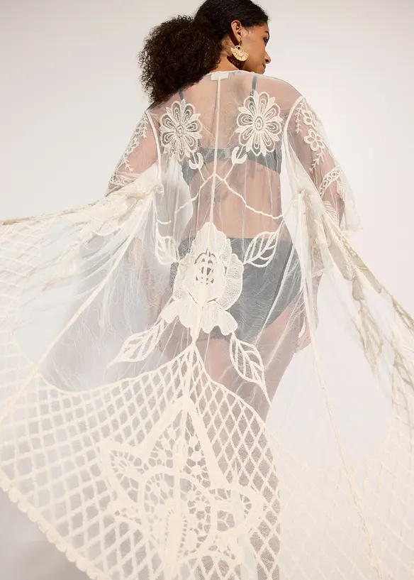 Transparante strandkimono met kant, bonprix