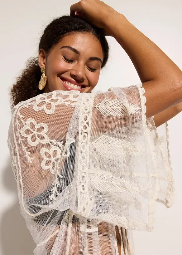 Transparante strandkimono met kant, bonprix
