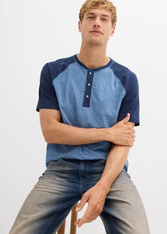 Henley shirt met korte mouwen in gewassen look van puur biologisch katoen, bonprix