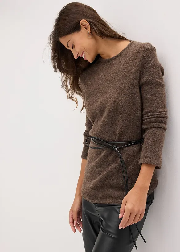 Gebreid shirt met wol en strikbandje van imitatieleer, bonprix