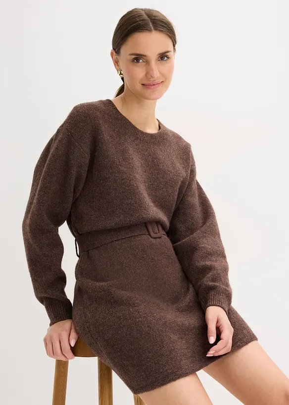 Korte gebreide jurk met zachte wol en riem, bonprix