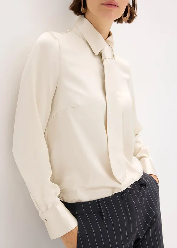 Satijnen blouse met een afneembare strik (2-dlg.), bonprix